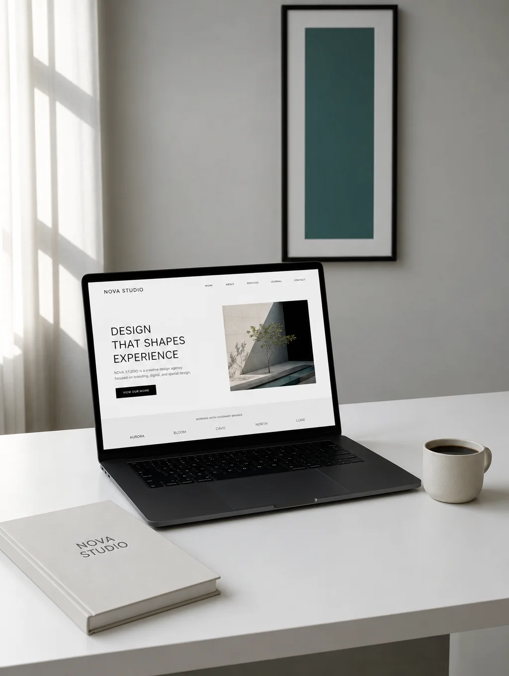 Minimalist workspace with notebook and coffee