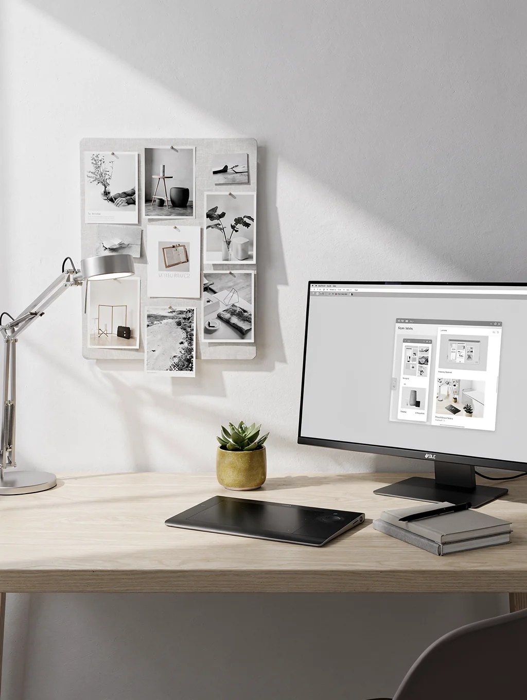 Minimalist workspace with architectural sketches